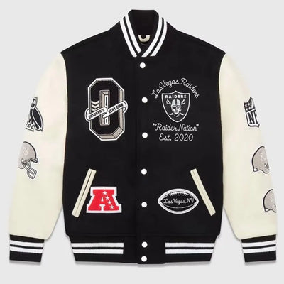 OVO Los Vegas Raiders Black Wool and White Genuine Leather Sleeves Men's Varsity Letterman Jacket