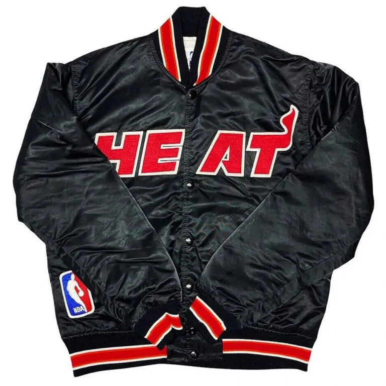 90s Miami Heat NBA Full-Snap Varsity Black Satin Men's Bomber Jacket