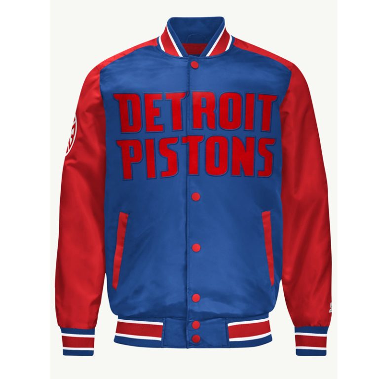 Detroit Pistons Full-Snap Varsity Blue & Red Satin Men's Bomber Jacket