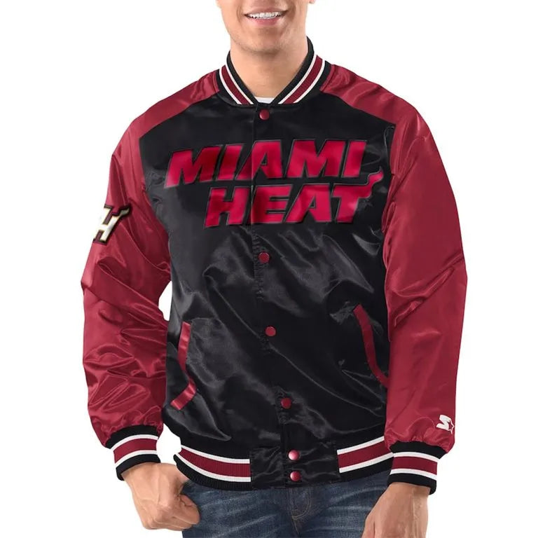 Miami Heat Renegade Full-Snap Varsity Black & Red Satin Men's Bomber Jacket
