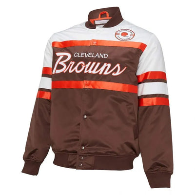 Cleveland Browns 75th Anniversary Full-Snap Varsity Brown and White Satin Men's Bomber Jacket