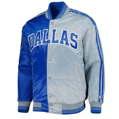 Dallas Mavericks Fast Break Full-Snap Varsity Royal Blue and Gray Satin Men's Bomber Jacket