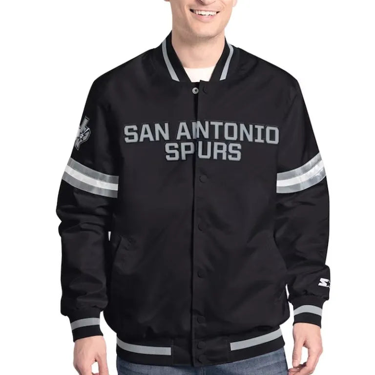 San Antonio Spurs Scout Full-Snap Varsity Black Satin Men's Bomber Jacket