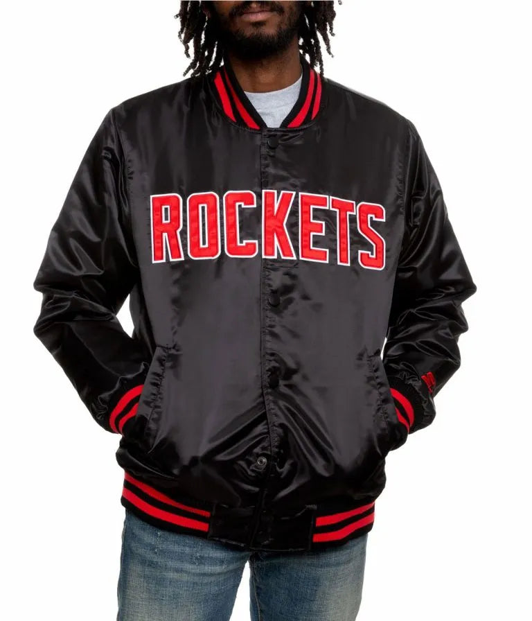 Houston Rockets Full-Snap Varsity Black Satin Men's Bomber Jacket