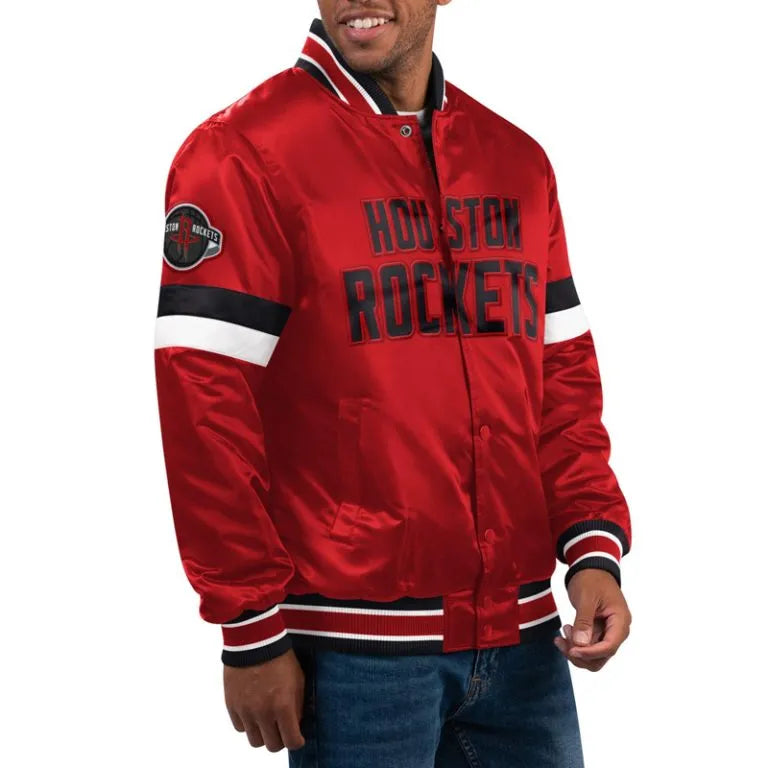 Houston Rockets Home Game Full-Snap Varsity Red Satin Men's Bomber Jacket