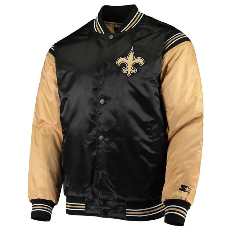 New Orleans Saints Enforcer Full-Snap Varsity Black/Gold Satin Men's Bomber Jacket