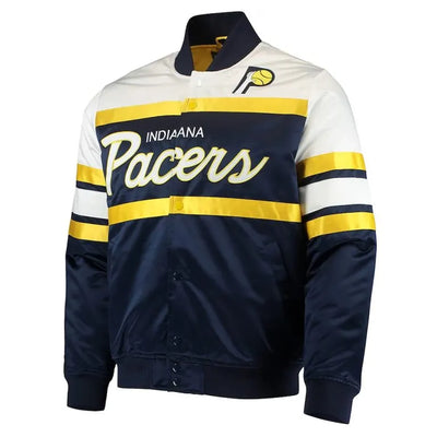 Indiana Pacers Special Script Full-Snap Varsity White and Navy Blue Satin Men's Bomber Jacket
