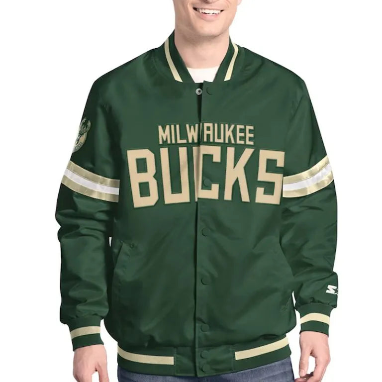 Milwaukee Bucks Scout Full-Snap Varsity Green Satin Men's Bomber Jacket