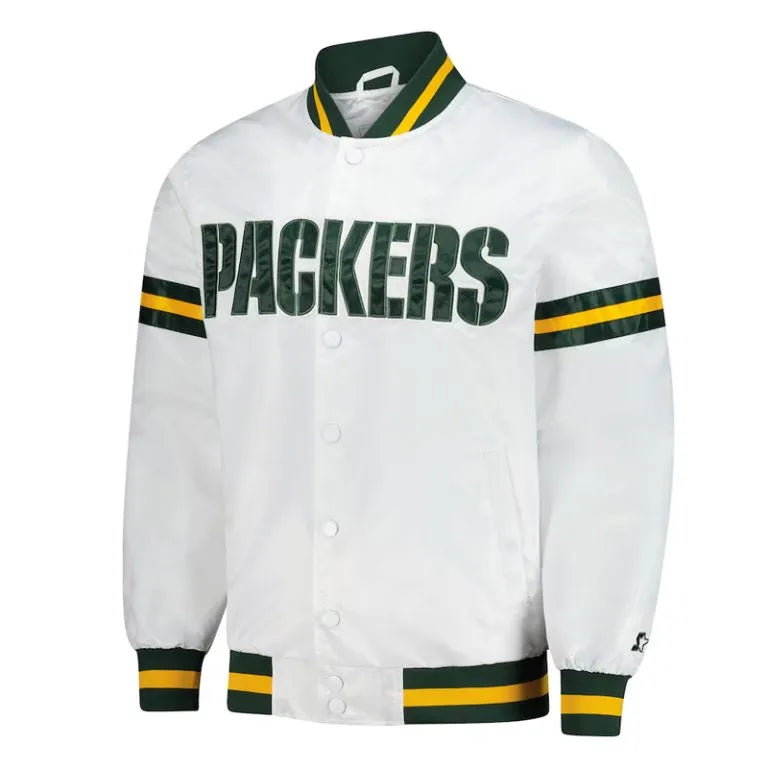 Green Bay Packers Scout Full-Snap Varsity White Satin Men's Bomber Jacket