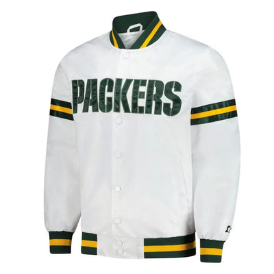 Green Bay Packers Scout Full-Snap Varsity White Satin Men's Bomber Jacket