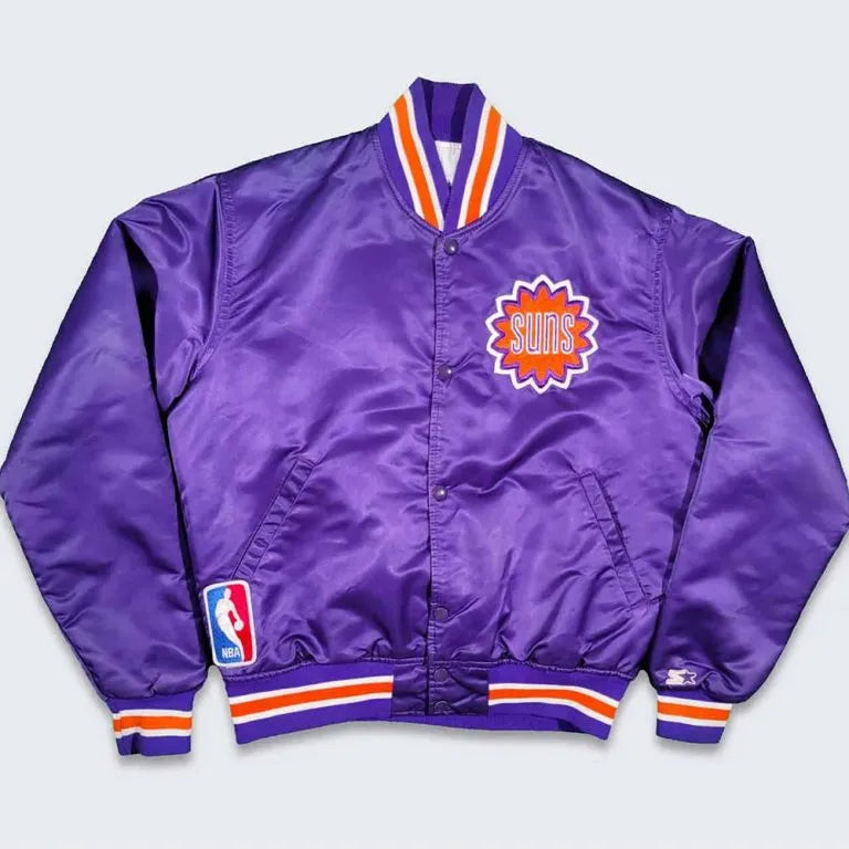 80’s Phoenix Suns Full-Snap Varsity Purple Satin Men's Bomber Jacket