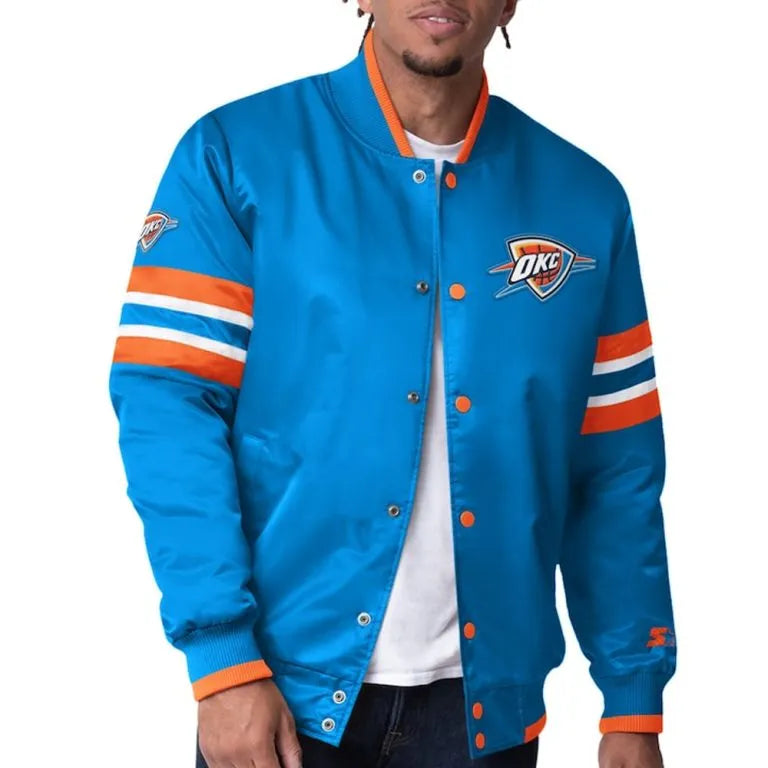 Oklahoma City Thunder Scout I Full-Snap Varsity Blue Satin Men's Bomber Jacket