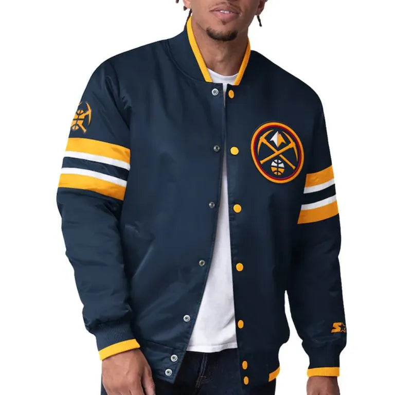 Denver Nuggets Scout I Full-Snap Varsity Navy Blue Satin Men's Bomber Jacket