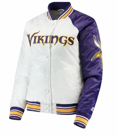 Minnesota Vikings Full-Snap Varsity White and Purple Satin Men's Bomber Jacket