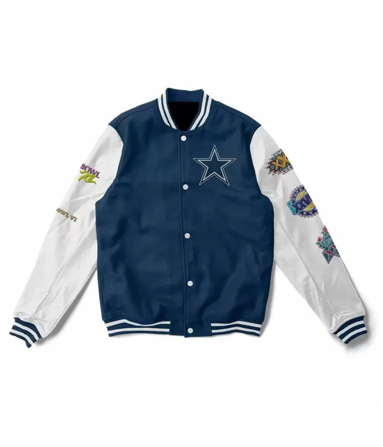 Dallas Cowboys Super Bowl 5x Champions Navy Blue Wool & White Genuine Leather Sleeves Men's Varsity Jacket