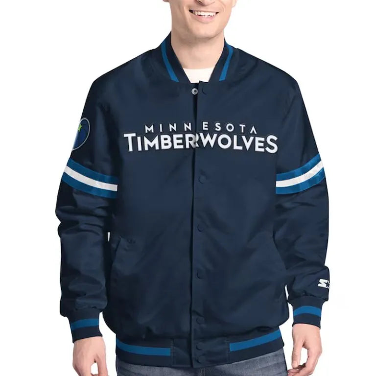 Minnesota Timberwolves Scout Full-Snap Varsity Navy Blue Satin Men's Bomber Jacket