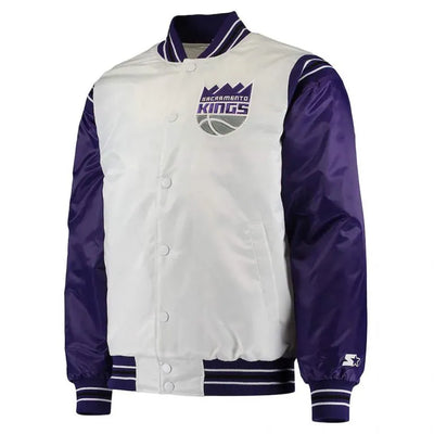 Sacramento Kings Renegade Full-Snap Varsity Purple and White Satin Men's Bomber Jacket