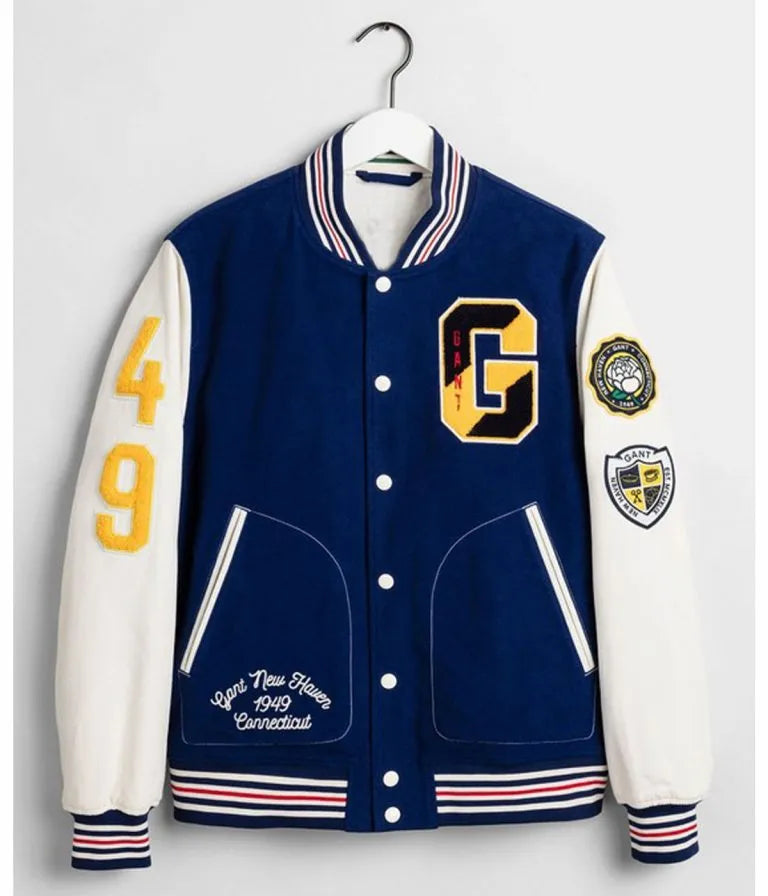 Gant The Gant Spring Blue Wool & White Genuine Leather Sleeves Men's Letterman Varsity Jacket