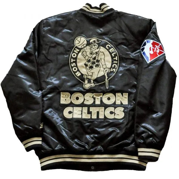 Boston Celtics NBA 75th Anniversary Full-Snap Varsity Black Satin Men's Bomber Jacket