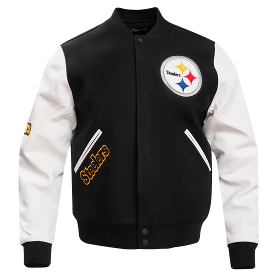 Pittsburgh Steelers Black Wool & White Genuine Leather Sleeves Men's Varsity Letterman Jacket