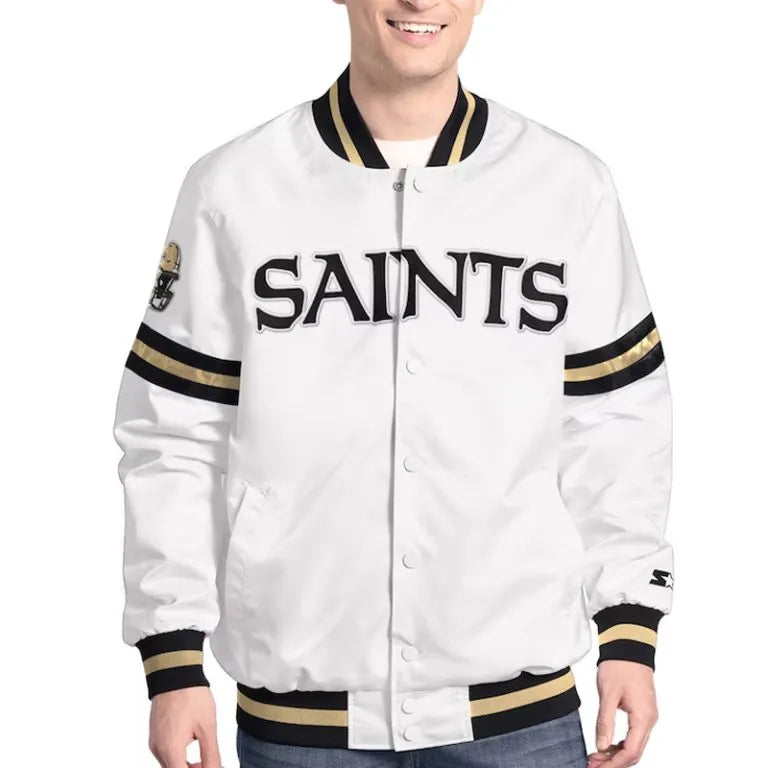 New Orleans Saints Scout Full-Snap Varsity White Satin Men's Bomber Jacket