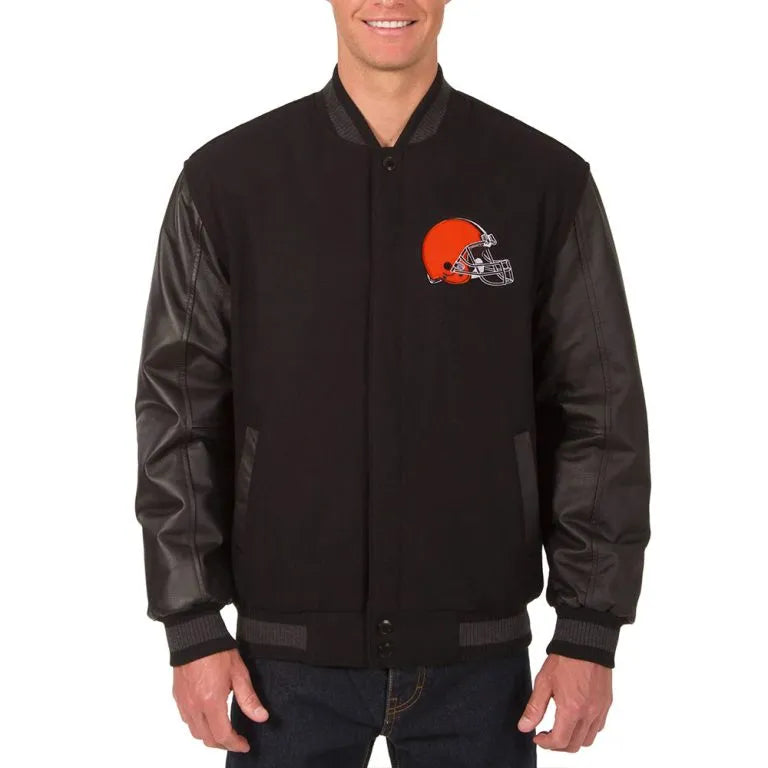 Cleveland Browns Black Wool & Genuine Leather Sleeves Men's Varsity Jacket