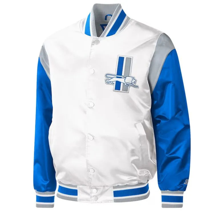 Detroit Lions Throwback Warm Up Pitch Full-Snap Varsity Blue & White Satin Men's Bomber Jacket
