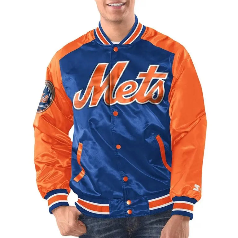 New York Mets Full-Snap Varsity Royal Blue & Orange Satin Men's Jacket
