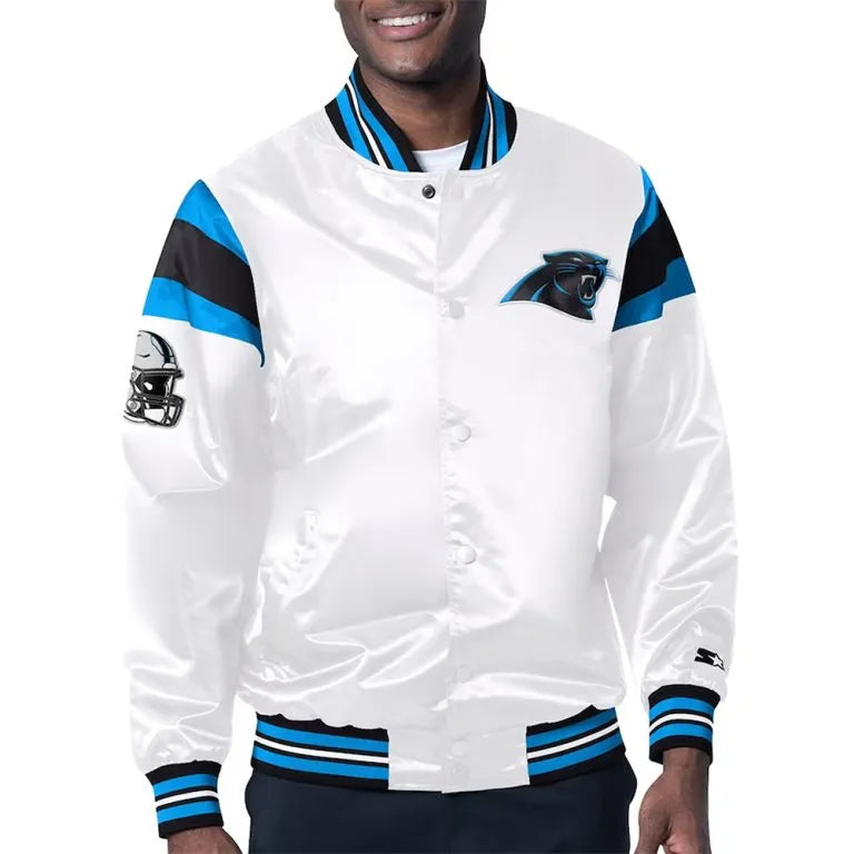 Carolina Panthers Midweight Full-Snap Varsity White Satin Men's Bomber Jacket