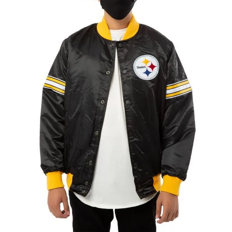 Pittsburgh Steelers Striped Full-Snap Varsity Black Satin Men's Bomber Jacket