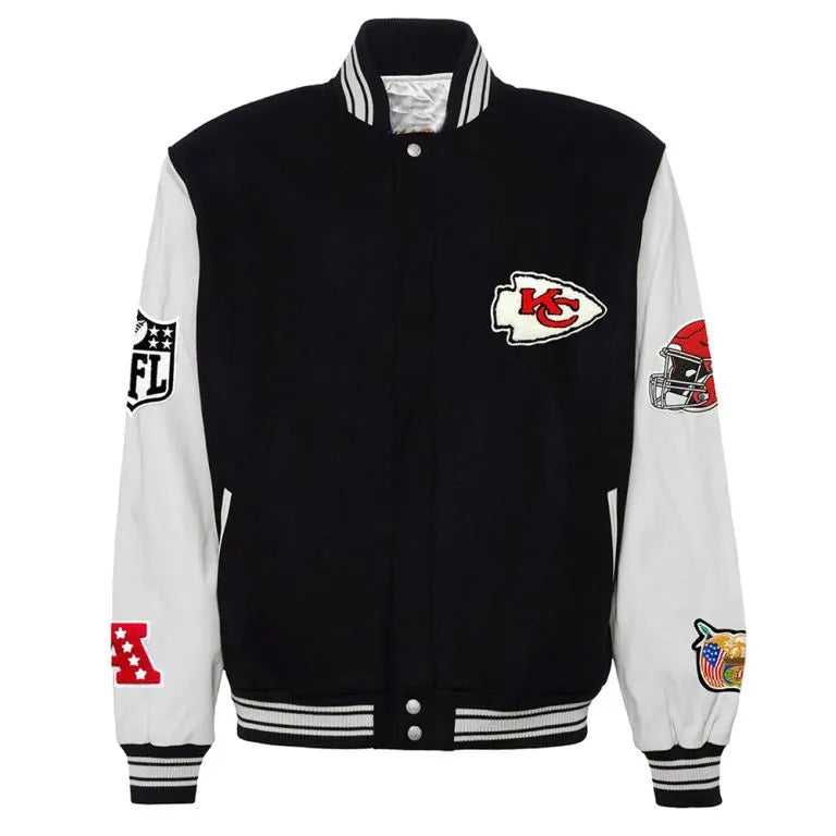 JH Kansas City Chiefs Black Wool and White Genuine Leather Sleeves Men's Varsity Letterman Jacket