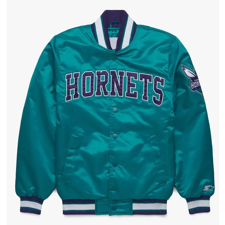 Charlotte Hornets Classic Full-Snap Varsity Teal Satin Men's Bomber Jacket