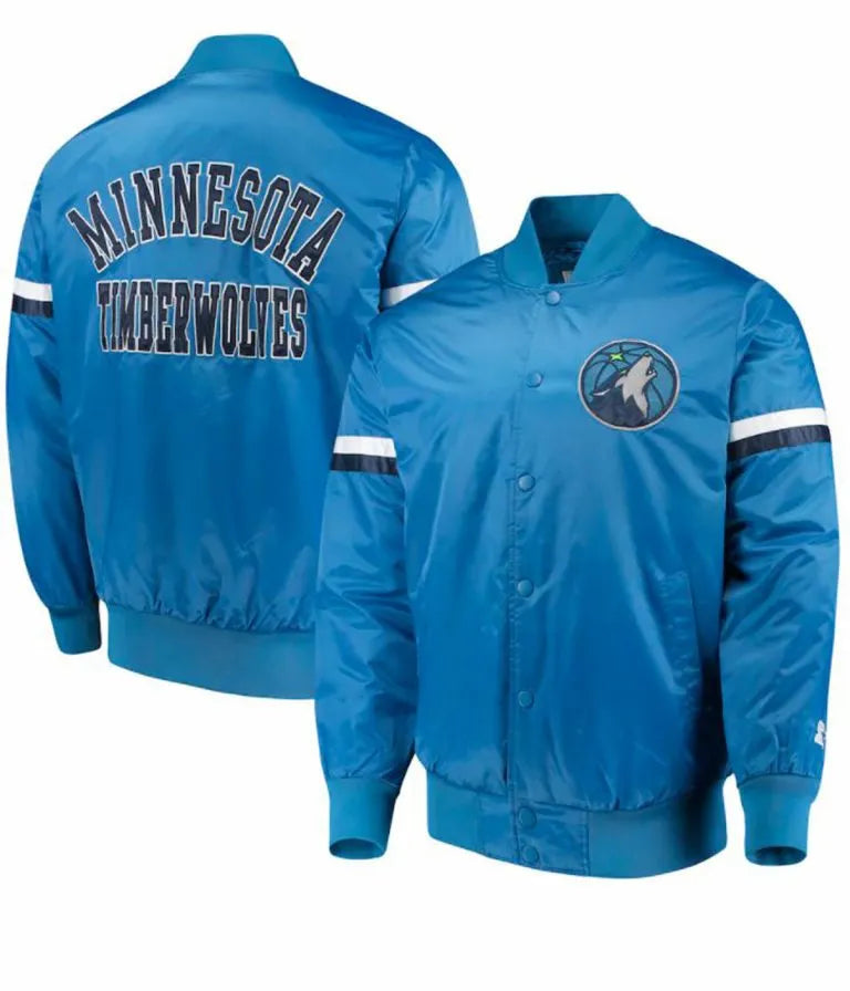 Minnesota Timberwolves Full-Snap Varsity Blue Satin Men's Bomber Jacket