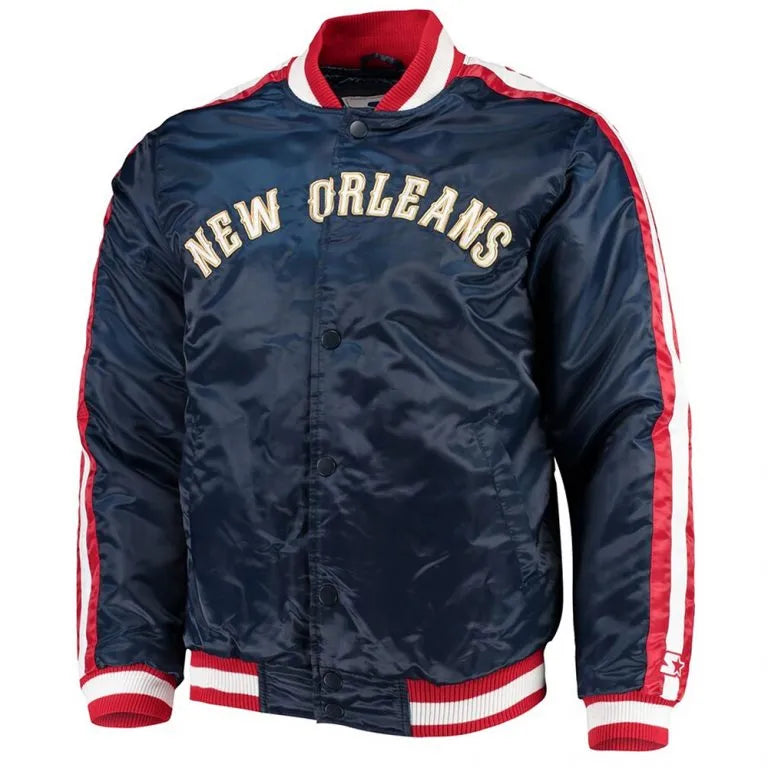 New Orleans Pelicans The Offensive Full-Snap Varsity Navy Blue Satin Men's Bomber Jacket