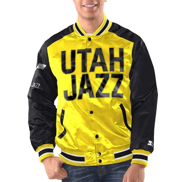 Utah Jazz Youth Renegade Full-Snap Varsity Yellow/Black Satin Men's Bomber Jacket