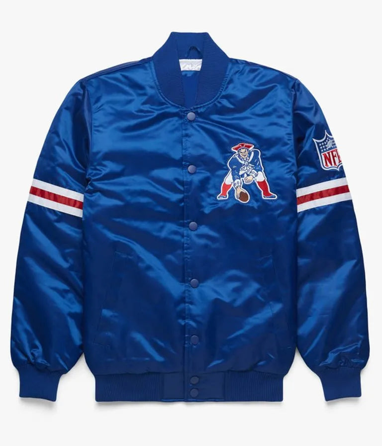 New England Patriots Full-Snap Varsity Royal Blue Satin Men's Bomber Jacket