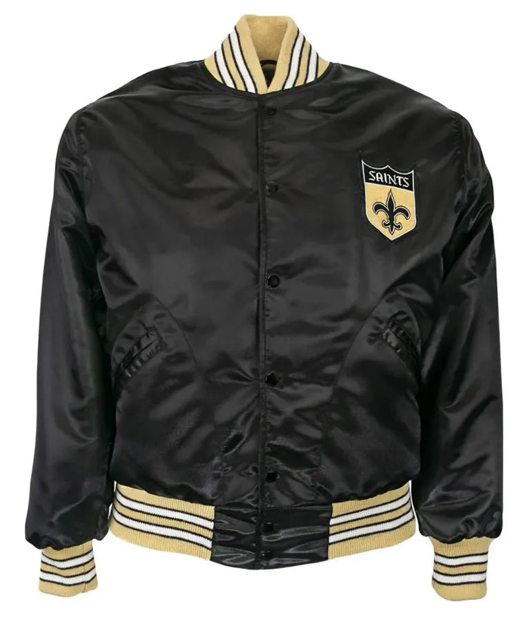 1968 New Orleans Saints Full-Snap Varsity Black Satin Men's Bomber Jacket