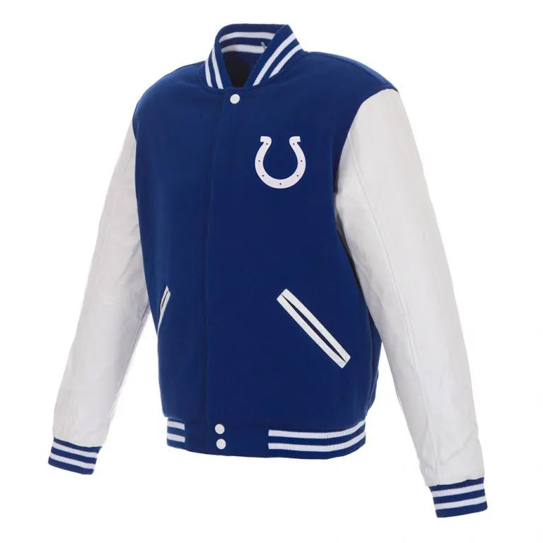 Indianapolis Colts Embroidered Blue Wool and White Genuine Leather Sleeves Men's Varsity Letterman Jacket