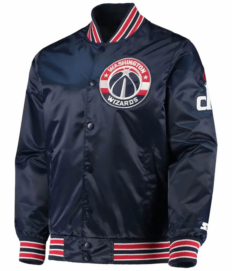 Washington Wizards The Diamond Classic Full-Snap Varsity Navy Blue Satin Men's Bomber Jacket