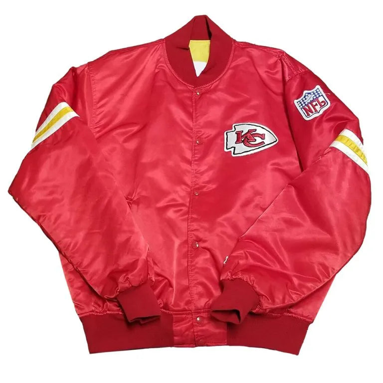 90’s Kansas City Chiefs Full-Snap Varsity Red Satin Men's Bomber Jacket