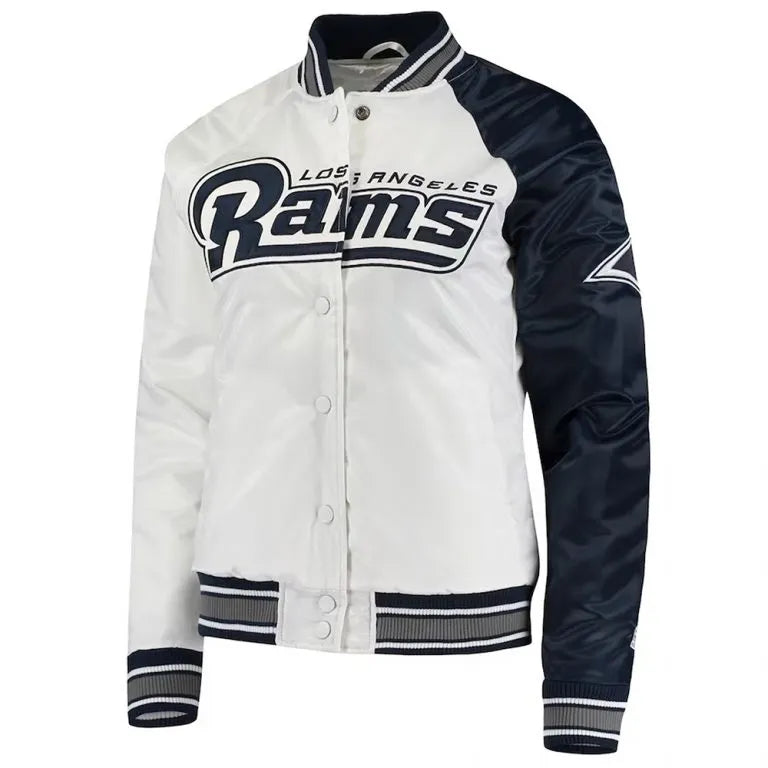 Los Angeles Rams Hometown Full-Snap Varsity White & Navy Blue Satin Men's Bomber Jacket
