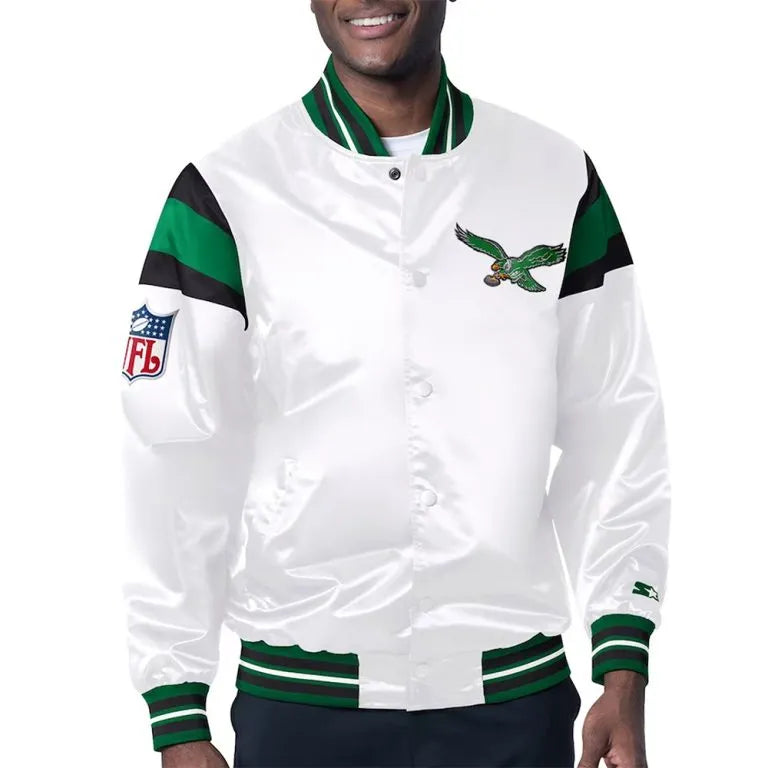 Philadelphia Eagles Midweight Full-Snap Varsity White Satin Men's Bomber Jacket