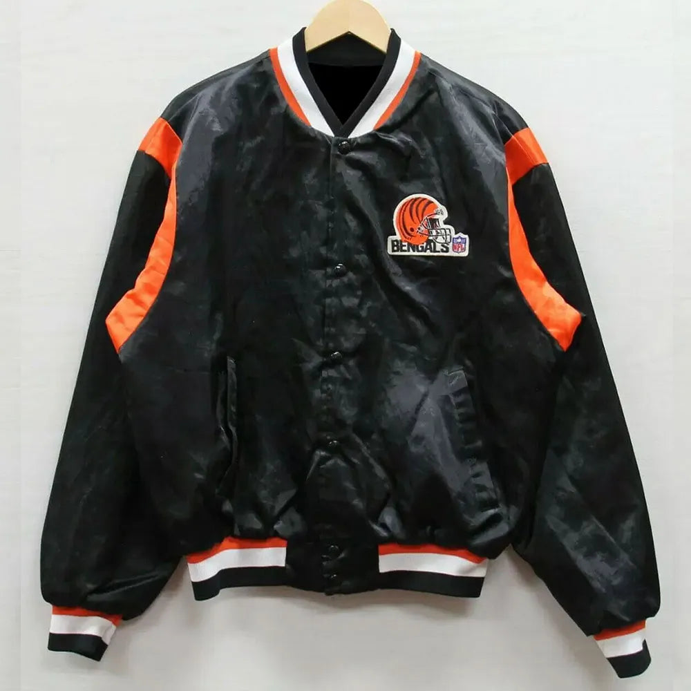 1980s Cincinnati Bengals Full-Snap Varsity Black Satin Men's Bomber Jacket