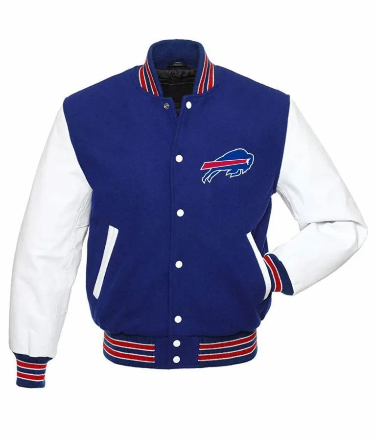 Buffalo Bills Blue Wool and White Leather Sleeves Varsity Men's Letterman Jacket