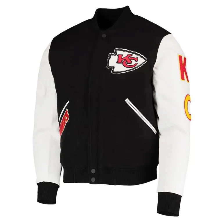 Kansas City Chiefs Black Wool and White Genuine Leather Sleeves Men's Varsity Letterman Jacket