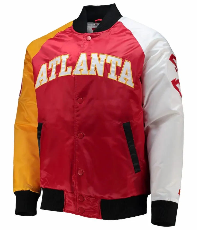 Atlanta Hawks Full-Snap Varsity Tricolor Satin Men's Bomber Jacket