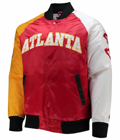 Atlanta Hawks Full-Snap Varsity Tricolor Satin Men's Bomber Jacket