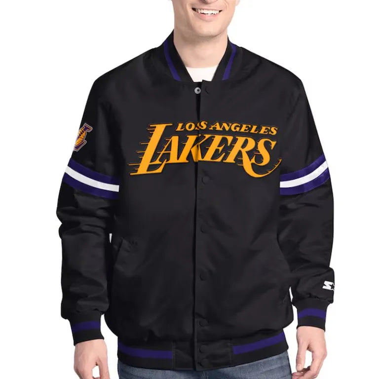 Los Angeles Lakers Scout Full-Snap Varsity Black Satin Men's Bomber Jacket