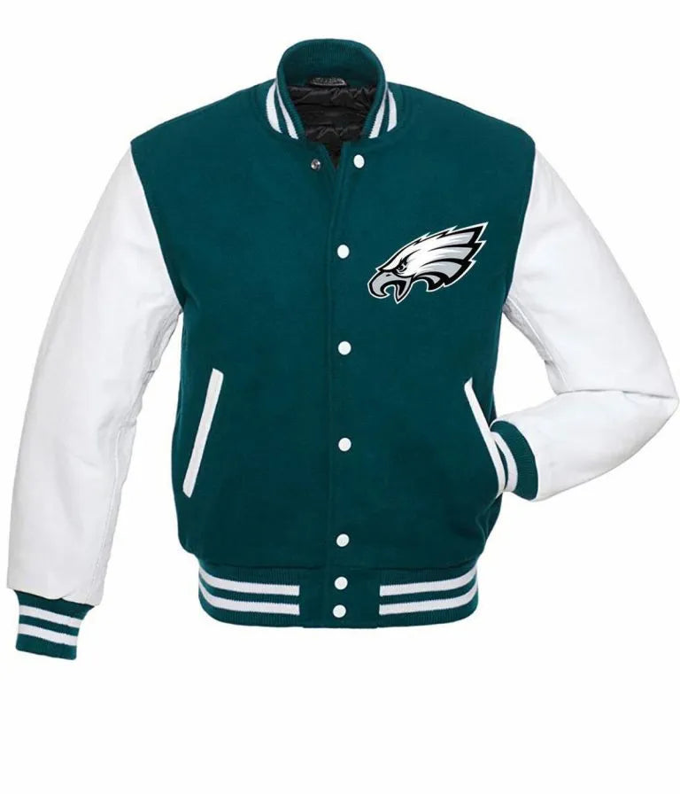 Philadelphia Eagles Green Wool & White Genuine Leather Sleeves Men's Varsity Letterman Jacket