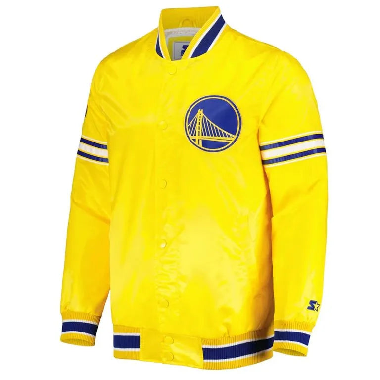Golden State Warriors Slider Full-Snap Varsity Yellow Satin Men's Bomber Jacket